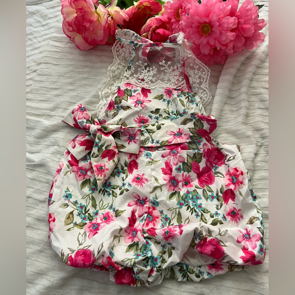 Floral Romper with Lace and Bow